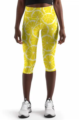 A Piece of Sun Ellie Yellow Lemon Print Yoga Capri Leggings - Women