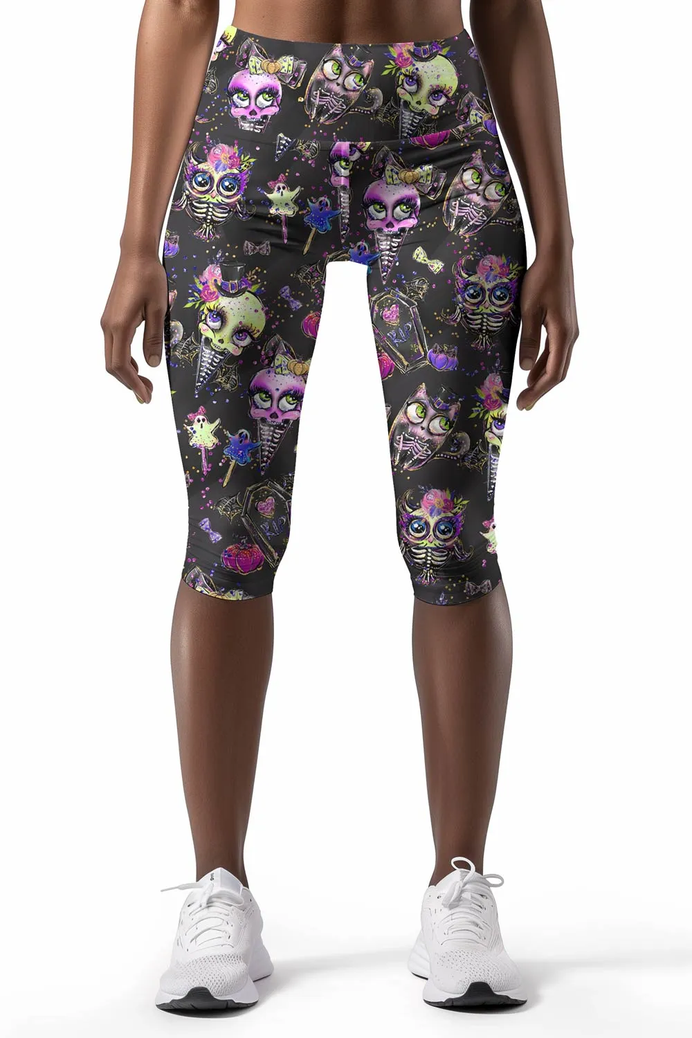 beWITCHing Ellie Black Goth Skull Printed Yoga Capri Leggings - Women