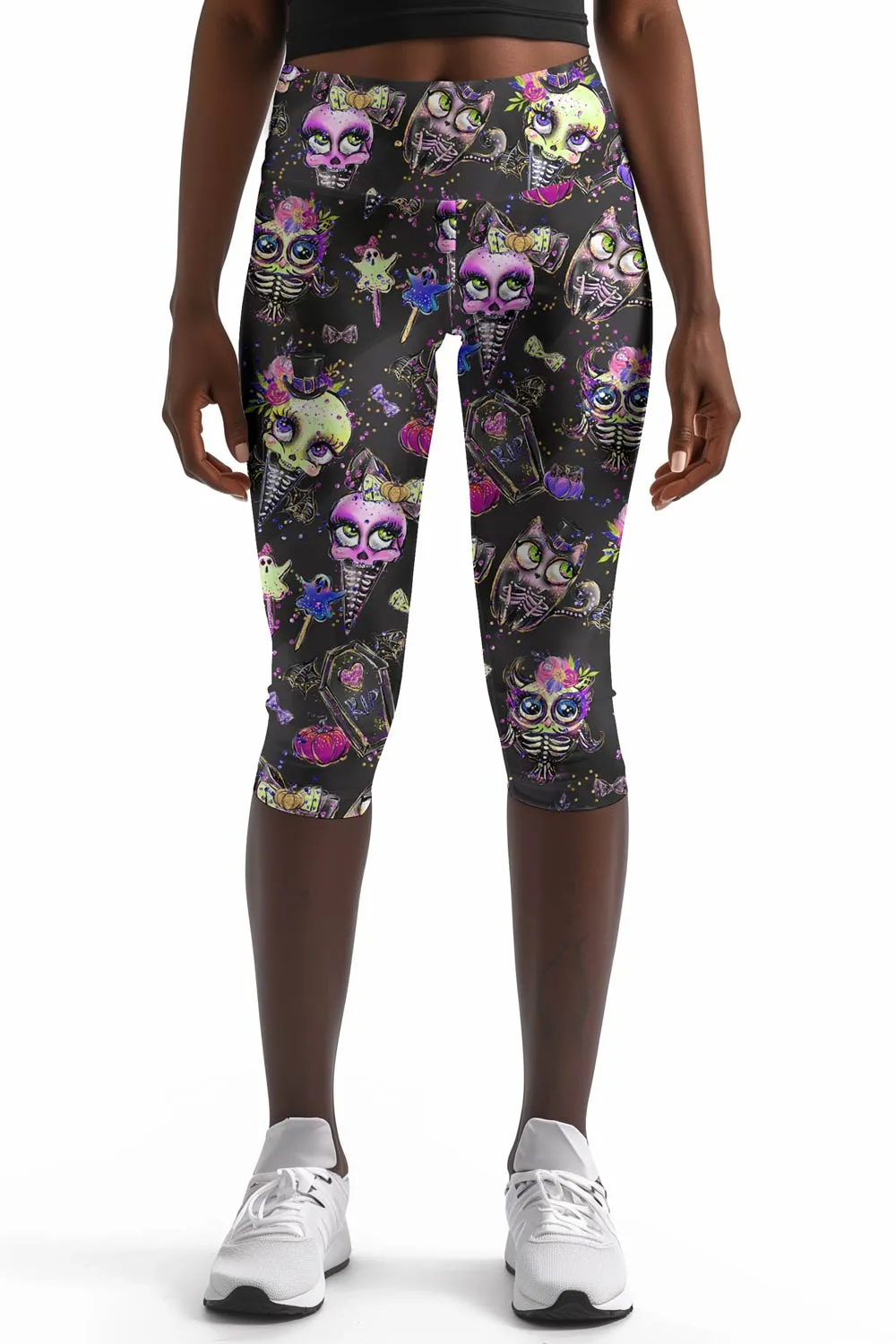 beWITCHing Ellie Black Goth Skull Printed Yoga Capri Leggings - Women