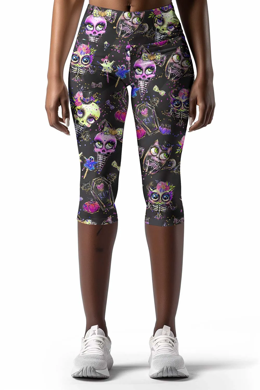 beWITCHing Ellie Black Goth Skull Printed Yoga Capri Leggings - Women