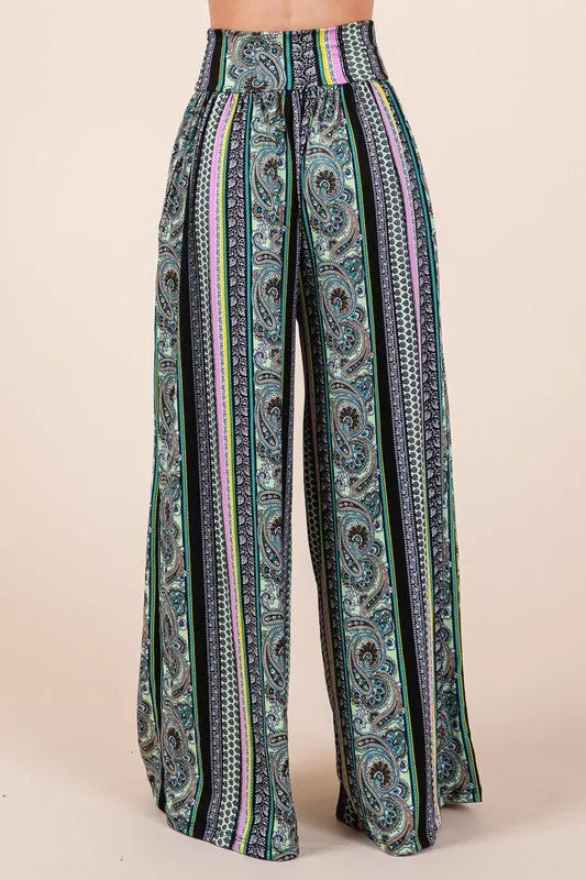 Boho Print Wide Leg Pants with Pockets