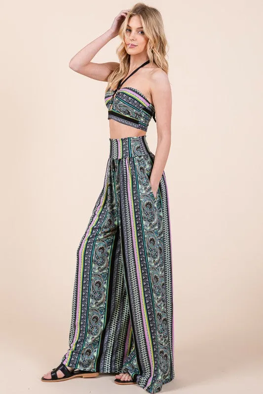 Boho Print Wide Leg Pants with Pockets