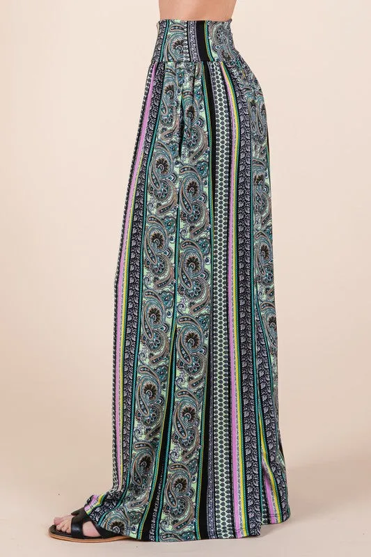 Boho Print Wide Leg Pants with Pockets