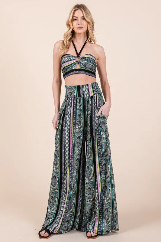 Boho Print Wide Leg Pants with Pockets