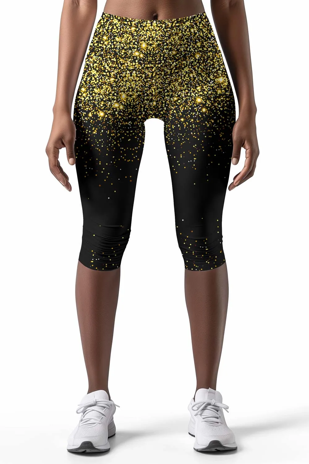 Chichi Ellie Black & Gold Glitter Printed Yoga Capri Leggings - Women