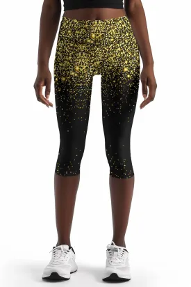 Chichi Ellie Black & Gold Glitter Printed Yoga Capri Leggings - Women