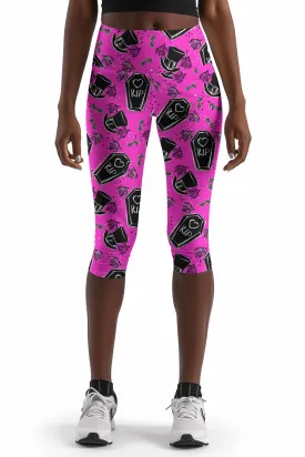 Creepin' it Real Ellie Pink Goth RIP Print Yoga Capri Leggings - Women