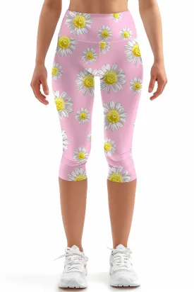 Enchanting Daisy Ellie Blush Pink Floral Yoga Capri Leggings - Women