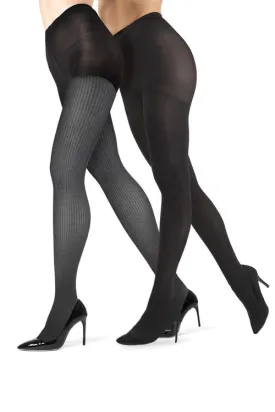 Fine Rib/Solid Control Top Tights - 2 Pack