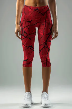 Full Moon Ellie Red Fall Halloween Print Yoga Capri Leggings - Women