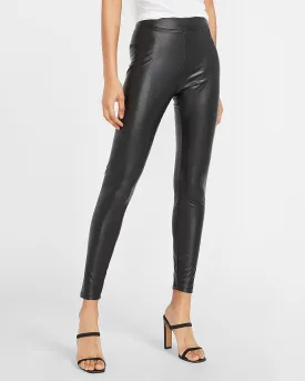 High Waisted Vegan Leather Stretch Ankle Leggings in Pitch Black