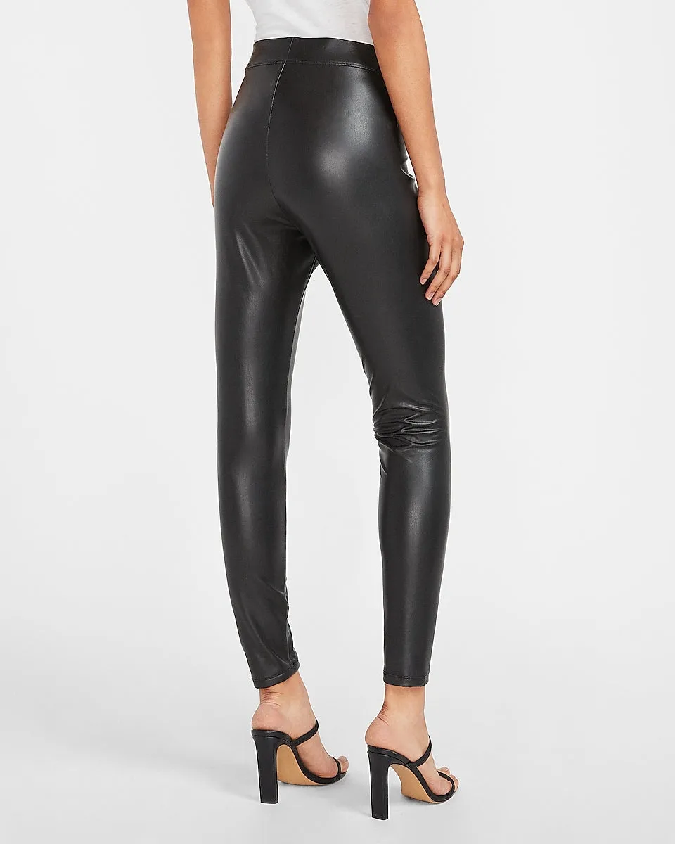 High Waisted Vegan Leather Stretch Ankle Leggings in Pitch Black