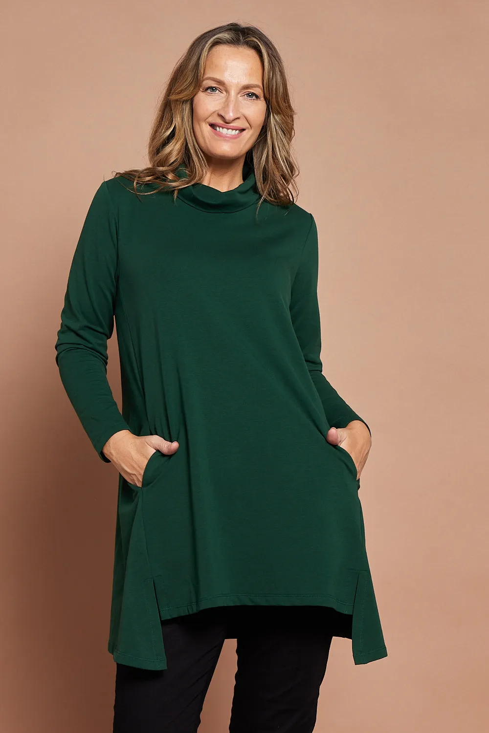 Here is an optimized title for your product: Women’s Forest Green Joslin Cowl Neck Tunic Top.