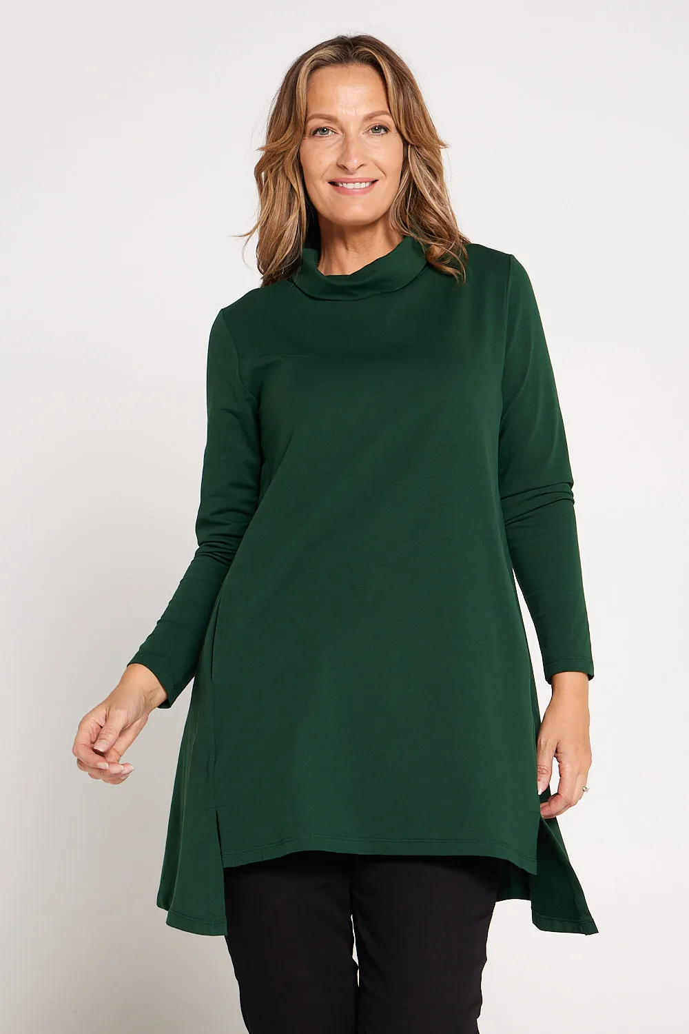 Here is an optimized title for your product: Women’s Forest Green Joslin Cowl Neck Tunic Top.