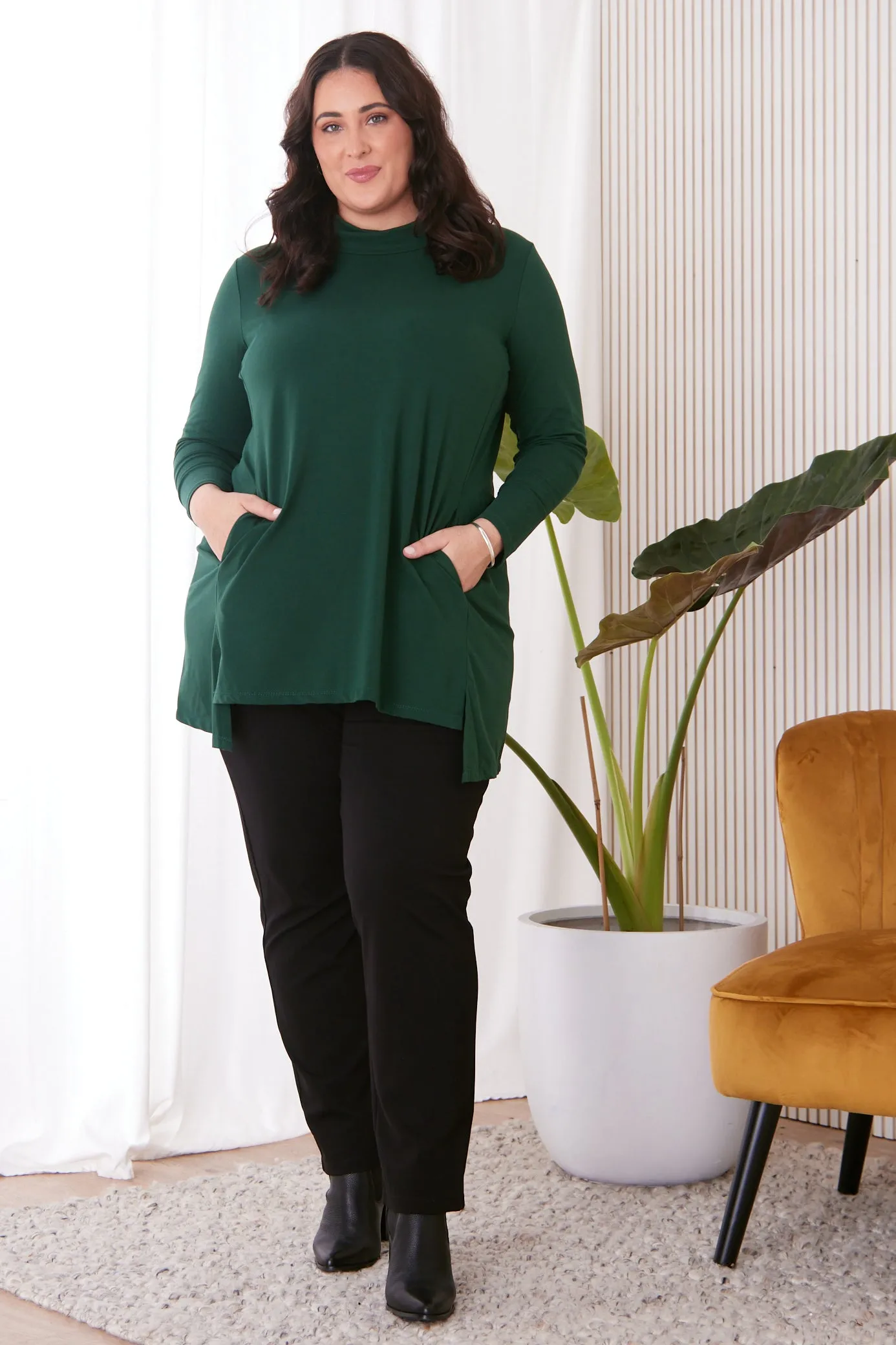 Here is an optimized title for your product: Women’s Forest Green Joslin Cowl Neck Tunic Top.