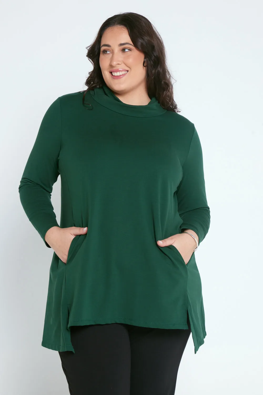 Here is an optimized title for your product: Women’s Forest Green Joslin Cowl Neck Tunic Top.