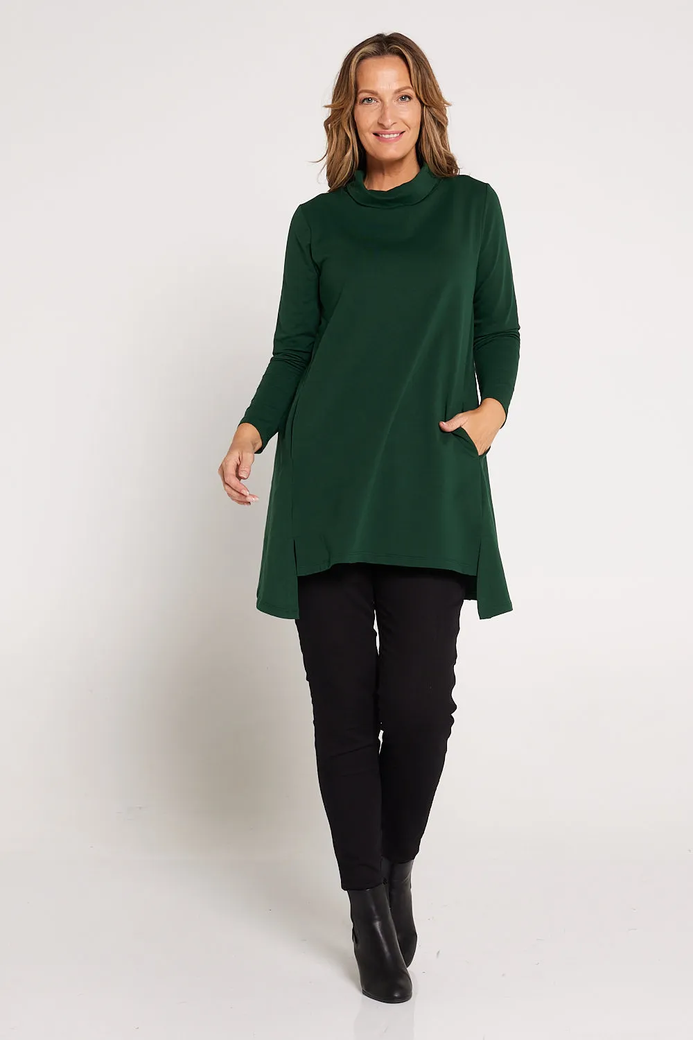 Here is an optimized title for your product: Women’s Forest Green Joslin Cowl Neck Tunic Top.