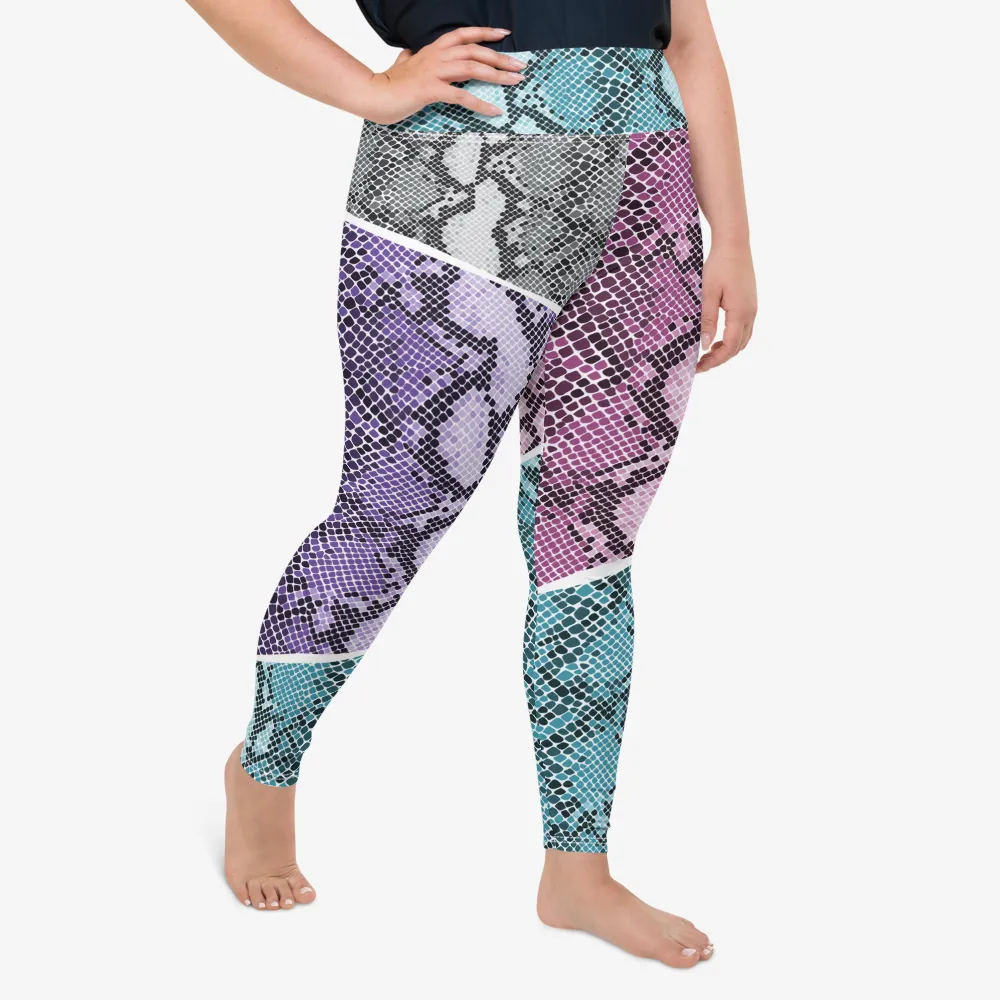 Plus Size Animal Printed Leggings "KaleidoSnake" Cyan/Purple