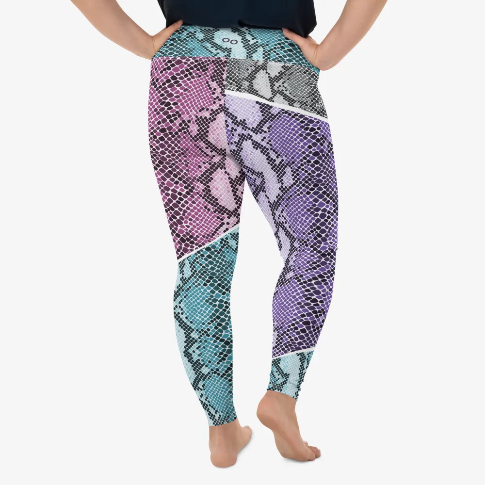 Plus Size Animal Printed Leggings "KaleidoSnake" Cyan/Purple