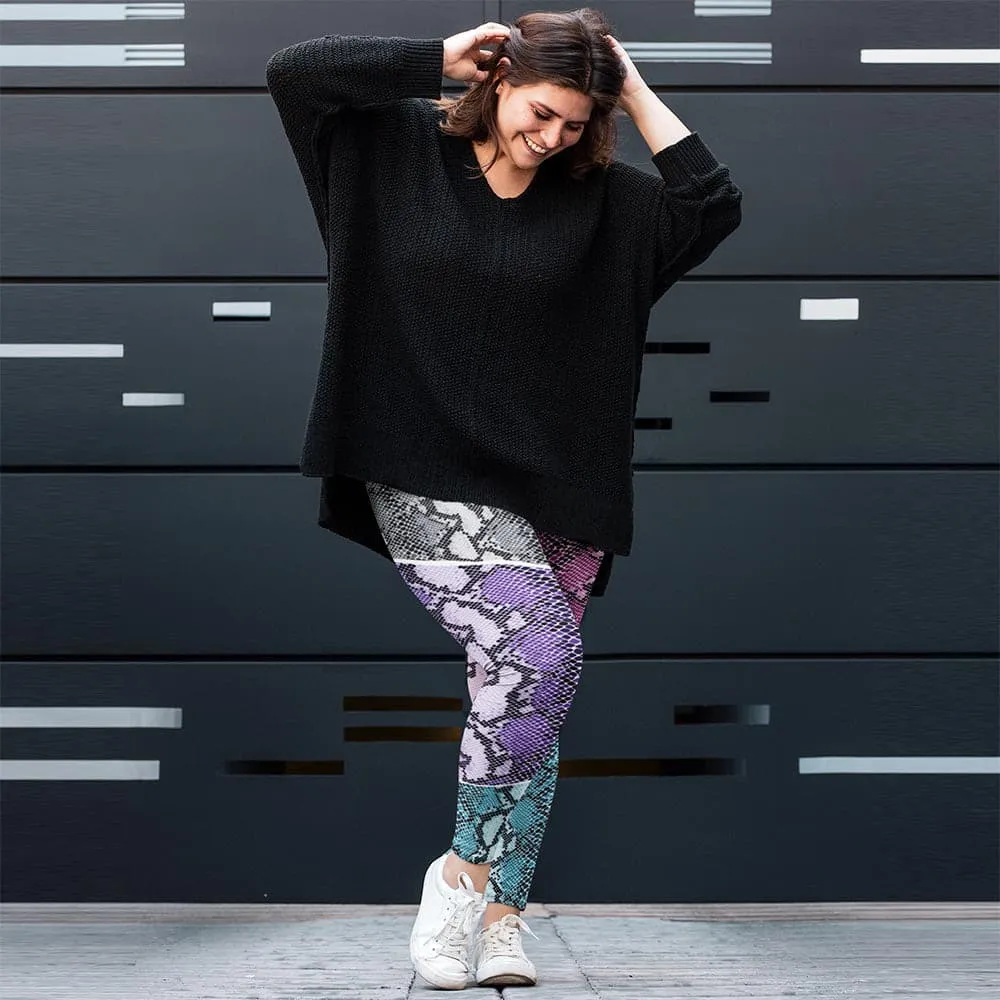 Plus Size Animal Printed Leggings "KaleidoSnake" Cyan/Purple