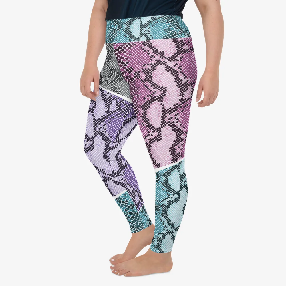 Plus Size Animal Printed Leggings "KaleidoSnake" Cyan/Purple