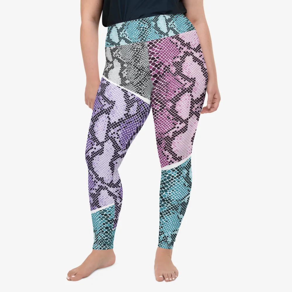 Plus Size Animal Printed Leggings "KaleidoSnake" Cyan/Purple