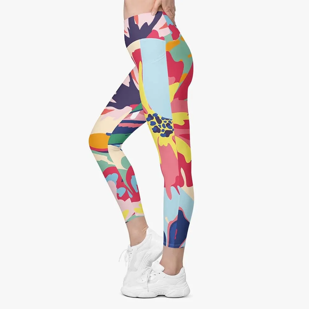 Recycled Floral Leggings "Flower Splash" Red/Yellow/Blue with pockets