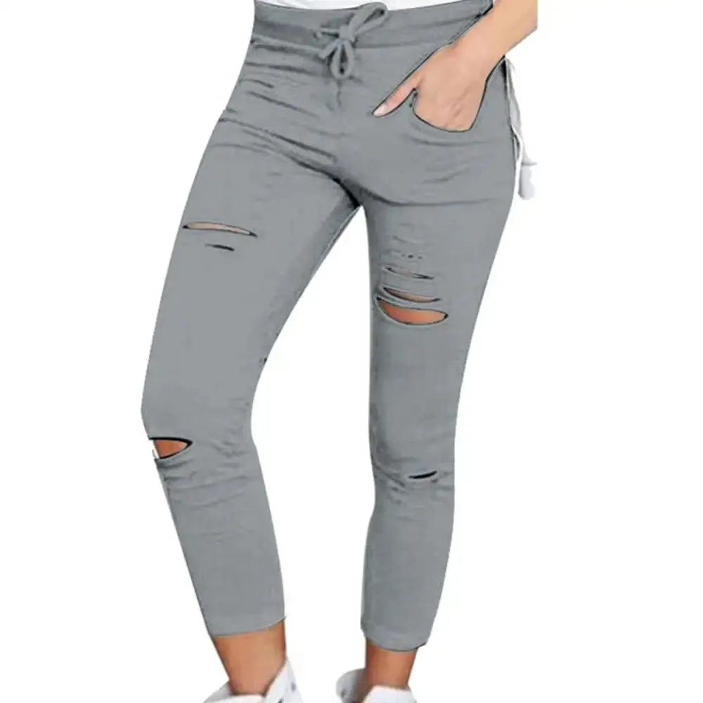 Solid Color Drawstring High Waist Pencil Pants Ripped Skinny Leggings High Waist Pencil Pants Ripped Skinny Leggings