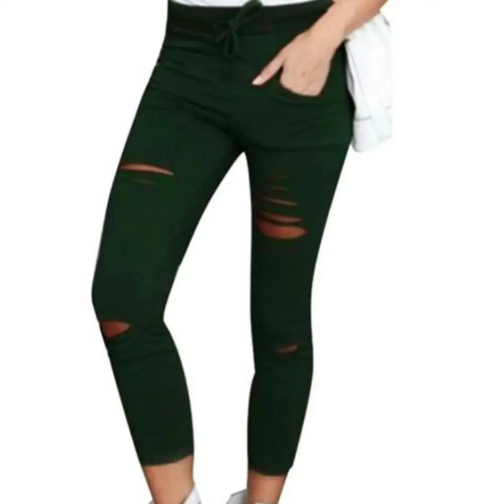 Solid Color Drawstring High Waist Pencil Pants Ripped Skinny Leggings High Waist Pencil Pants Ripped Skinny Leggings