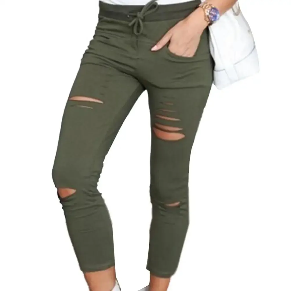 Solid Color Drawstring High Waist Pencil Pants Ripped Skinny Leggings High Waist Pencil Pants Ripped Skinny Leggings