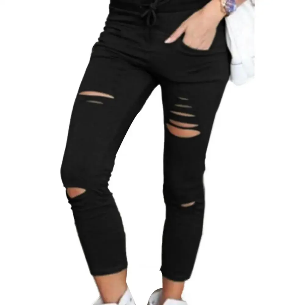 Solid Color Drawstring High Waist Pencil Pants Ripped Skinny Leggings High Waist Pencil Pants Ripped Skinny Leggings