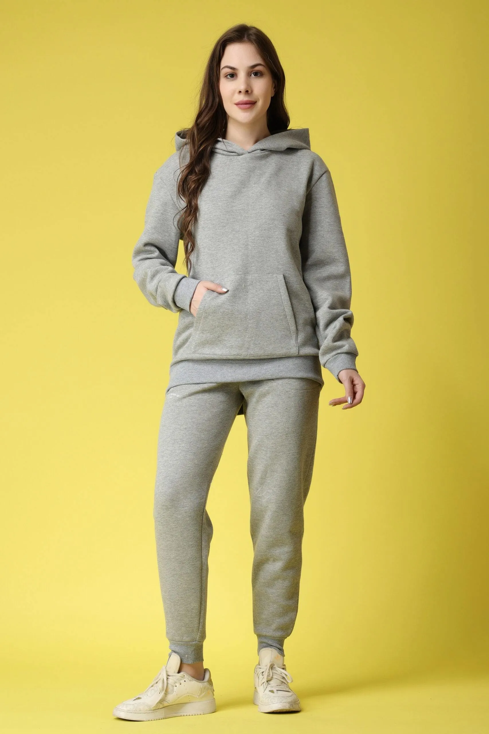 Solid Hoodie with Jogger Set-Grey