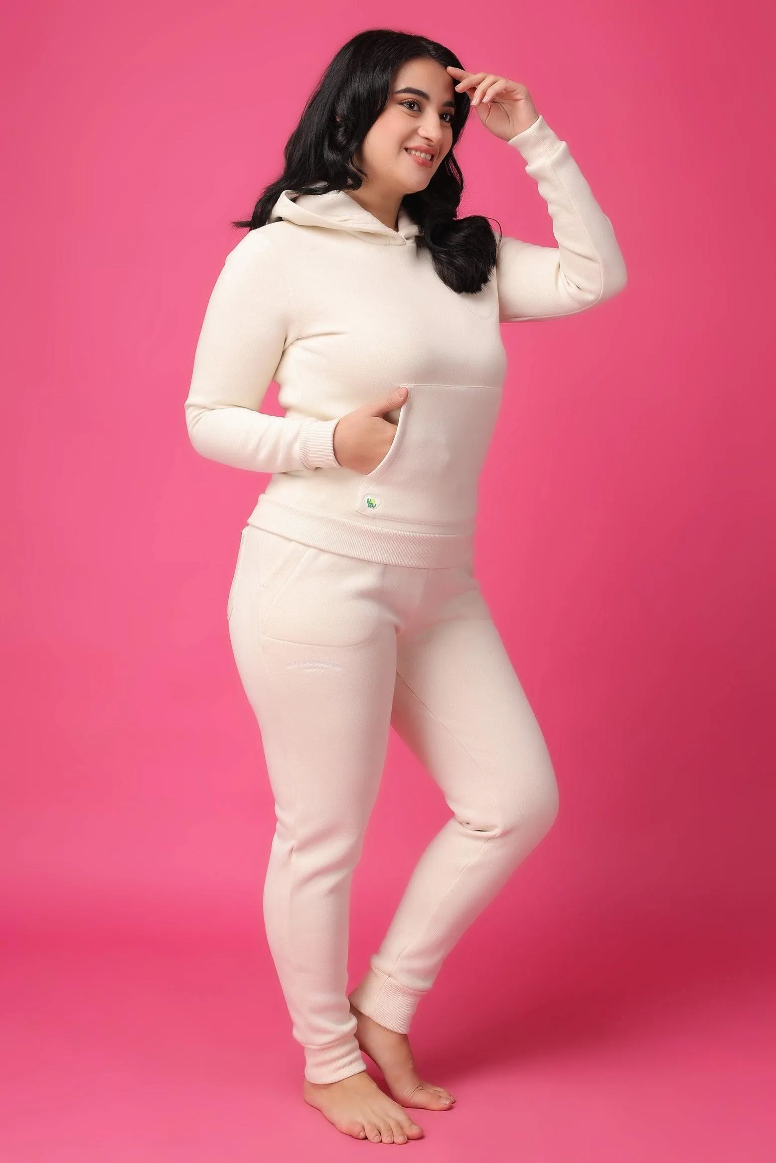 Solid Hoodie with Jogger Set-Ivory