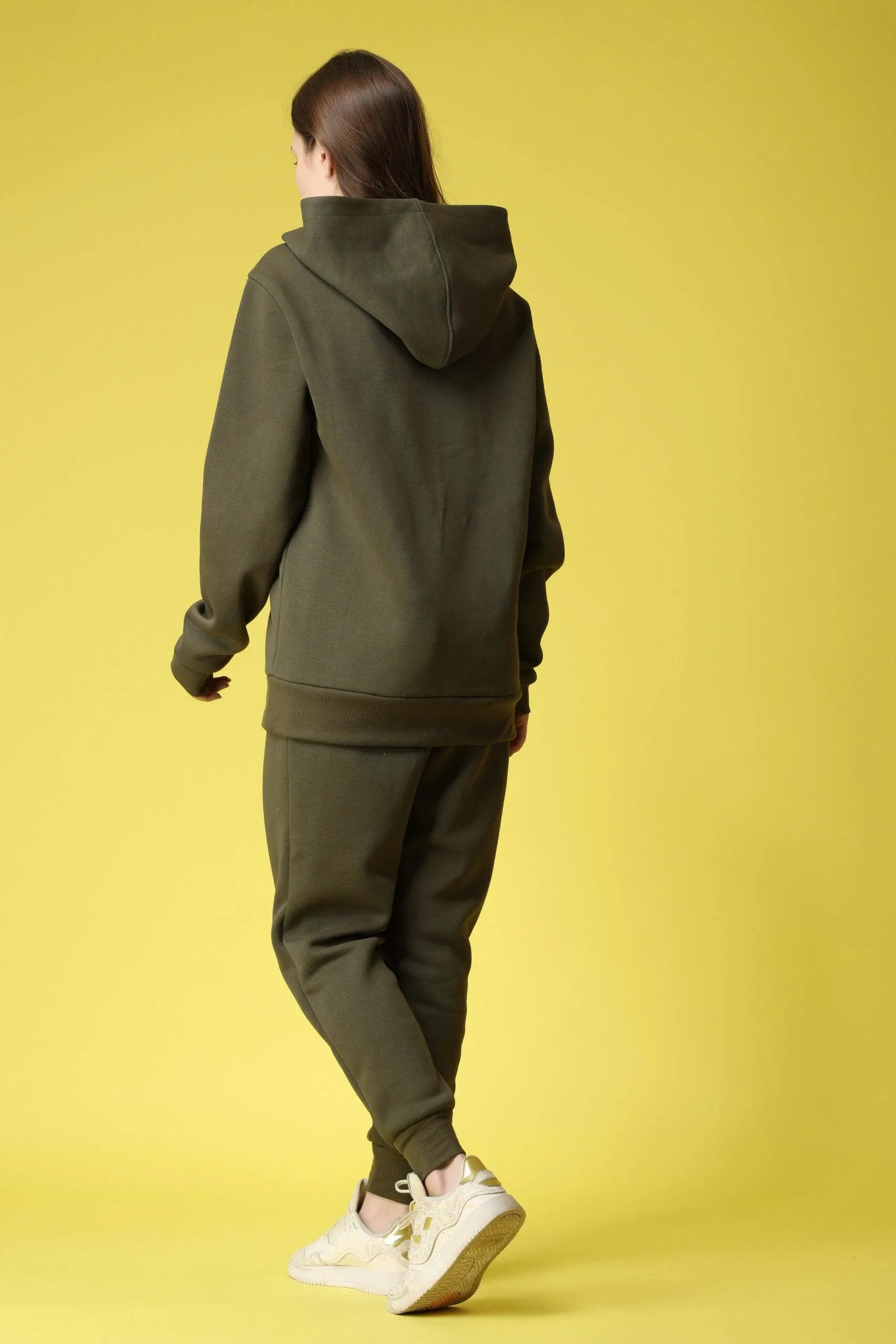 Solid Hoodie with Jogger Set-Olive Green