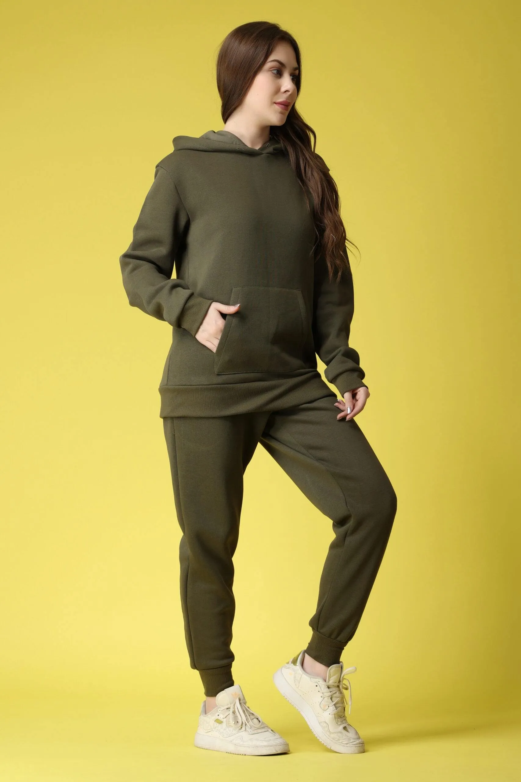 Solid Hoodie with Jogger Set-Olive Green