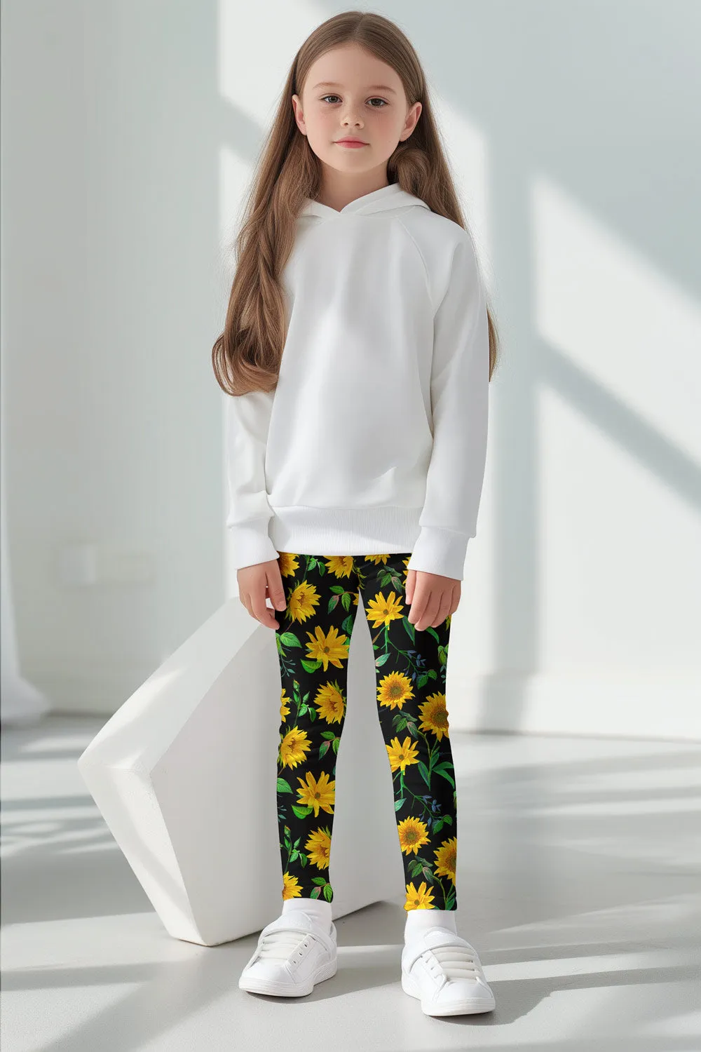 Sunnyflower Lucy Black & Yellow Cute Floral Printed Leggings - Kids