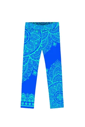 Surfing Nirvana Lucy Blue Geometric Boho Print Trendy Leggings - Kids