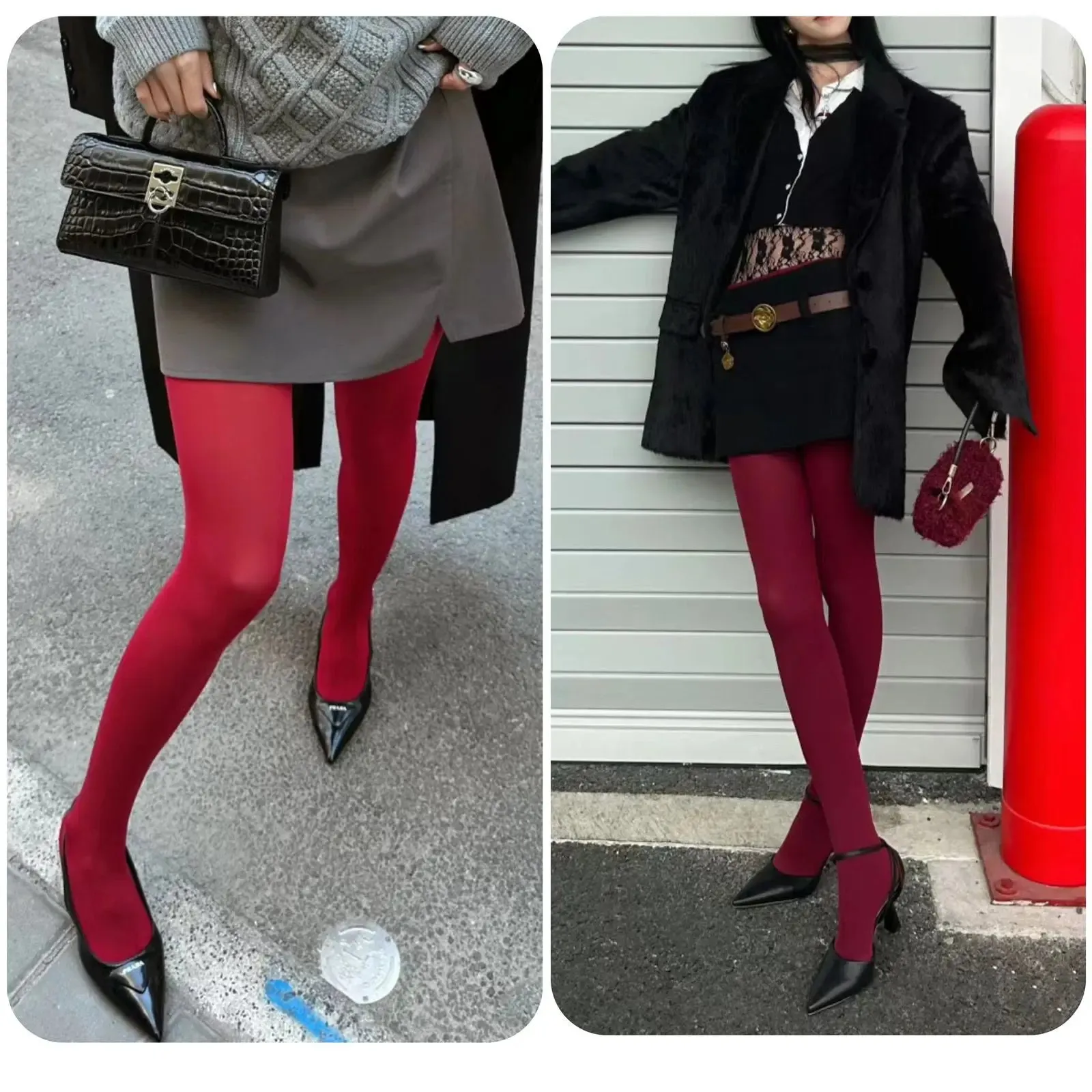 TAVIMART  -  2pcs Red Pantyhose Women Spring Retro Velvet Leggings Long Socks Inside and Outside Wearing Slimming Pantyhose Tights Women