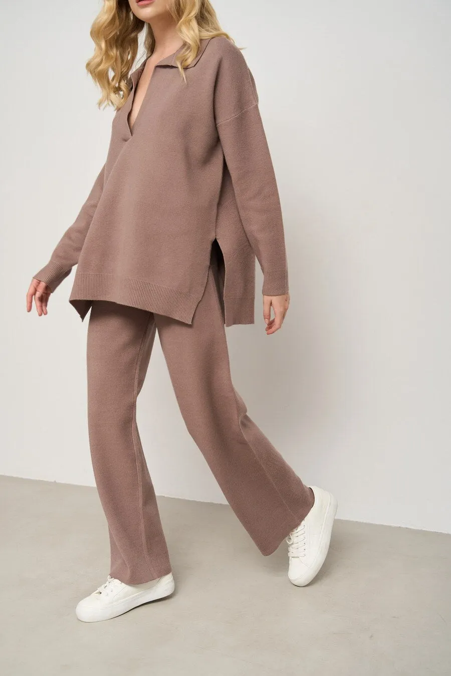 Two piece beige suit with Relaxed Fit Polo Sweater and Palazzo Pants