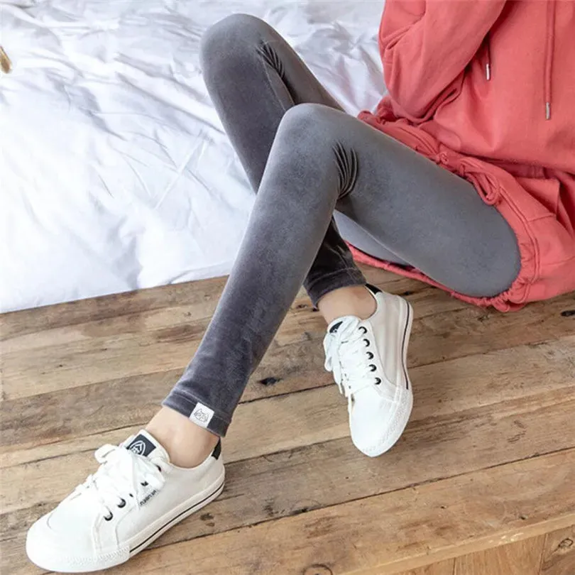 YRRETY Winter Leggings Knitting Velvet Casual High Elastic Waist Thicken Double Layer Warm Skinny Women Black Gray Solid Pants